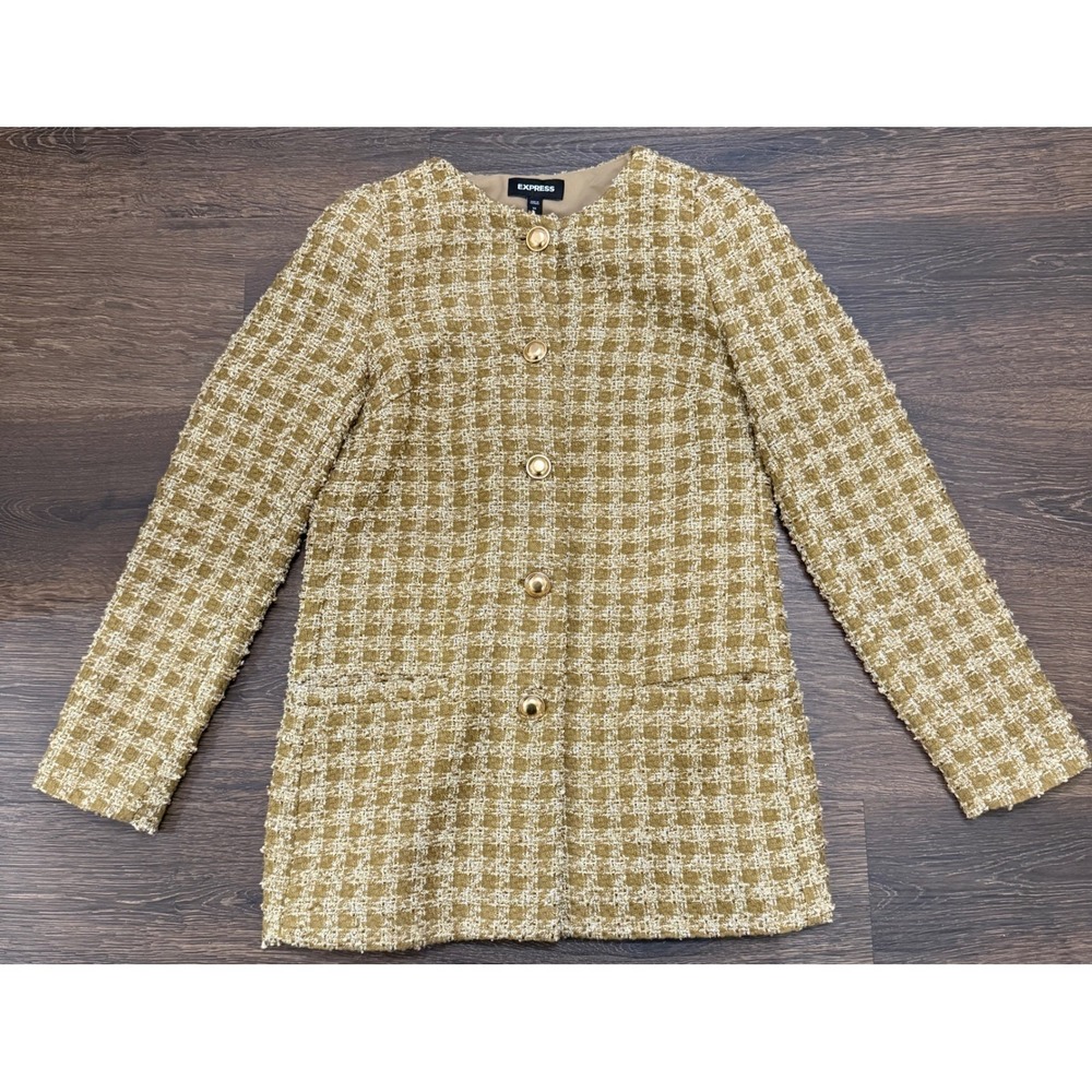 Express Gold Metallic Tweed Jacket Womens XS Gold Buttons
